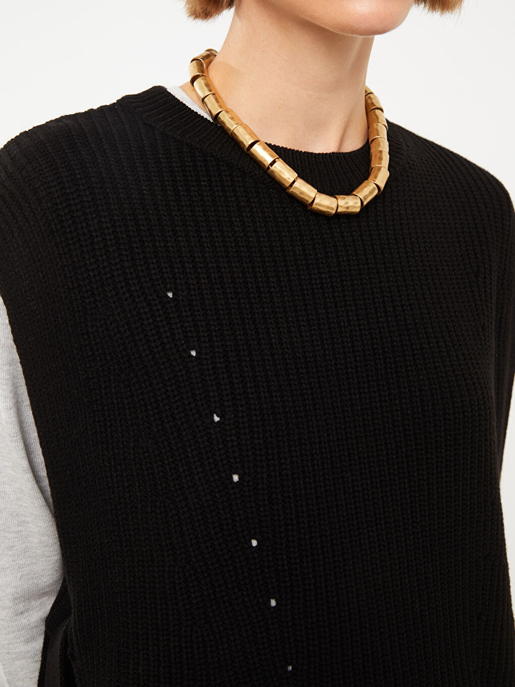 Siyah Bisiklet Yaka Kendinden Desenli Kadın Triko Süveter-3