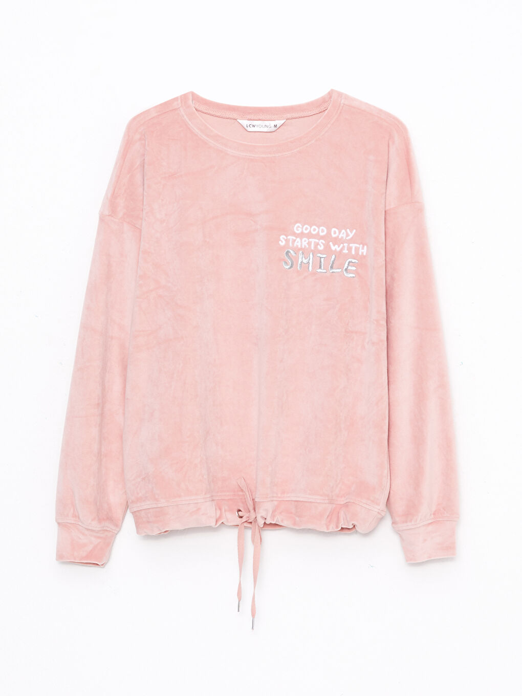 Pembe Bisiklet Yaka Nakışlı Uzun Kollu Kadife Kadın Pijama Takımı-6