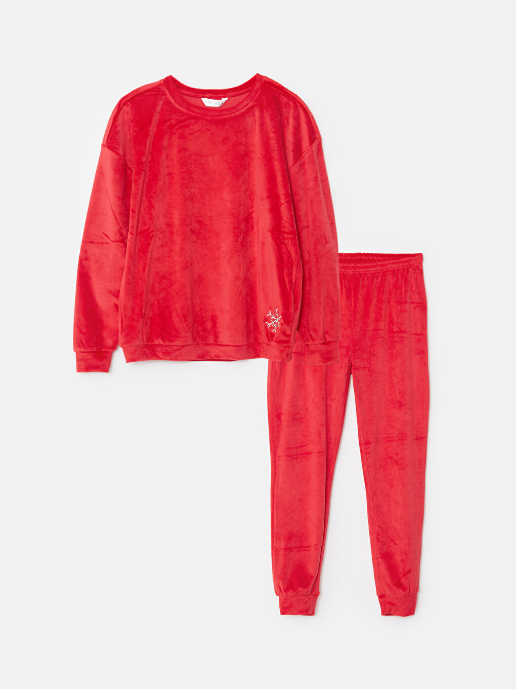 Kırmızı Bisiklet Yaka Nakışlı Uzun Kollu Kadife Kadın Pijama Takımı-4