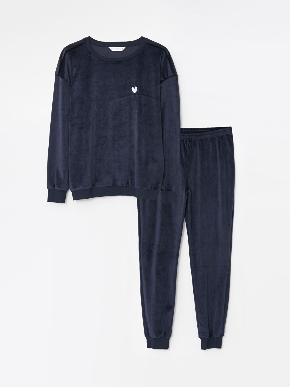 Lacivert Bisiklet Yaka Nakışlı Uzun Kollu Kadife Kadın Pijama Takımı-7