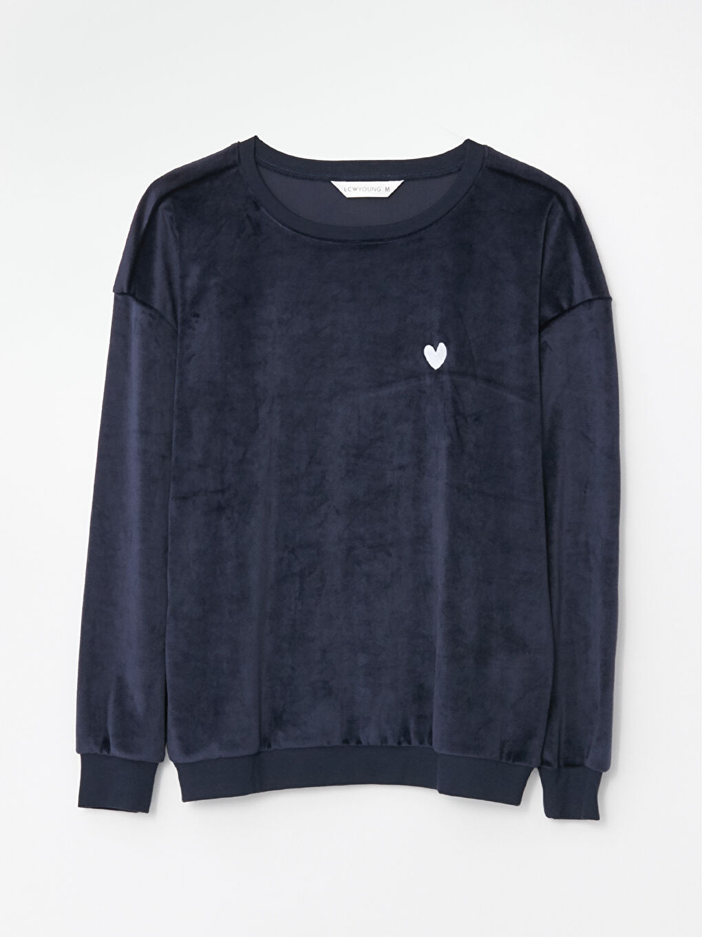 Lacivert Bisiklet Yaka Nakışlı Uzun Kollu Kadife Kadın Pijama Takımı-8