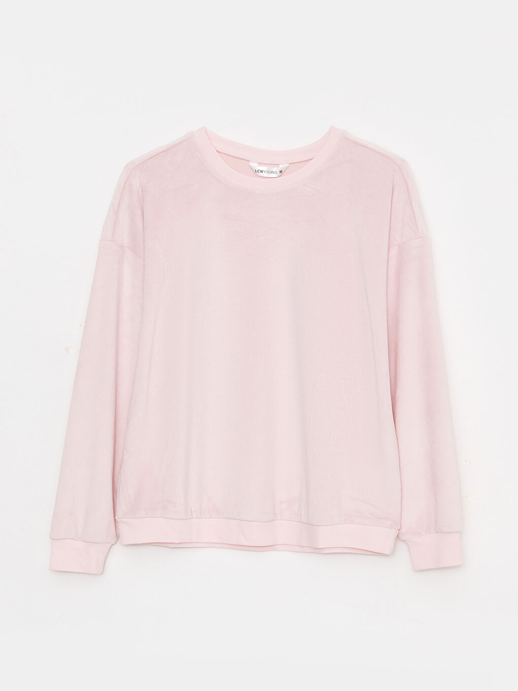 Pembe Bisiklet Yaka Düz Uzun Kollu Kadife Kadın Pijama Takımı-6