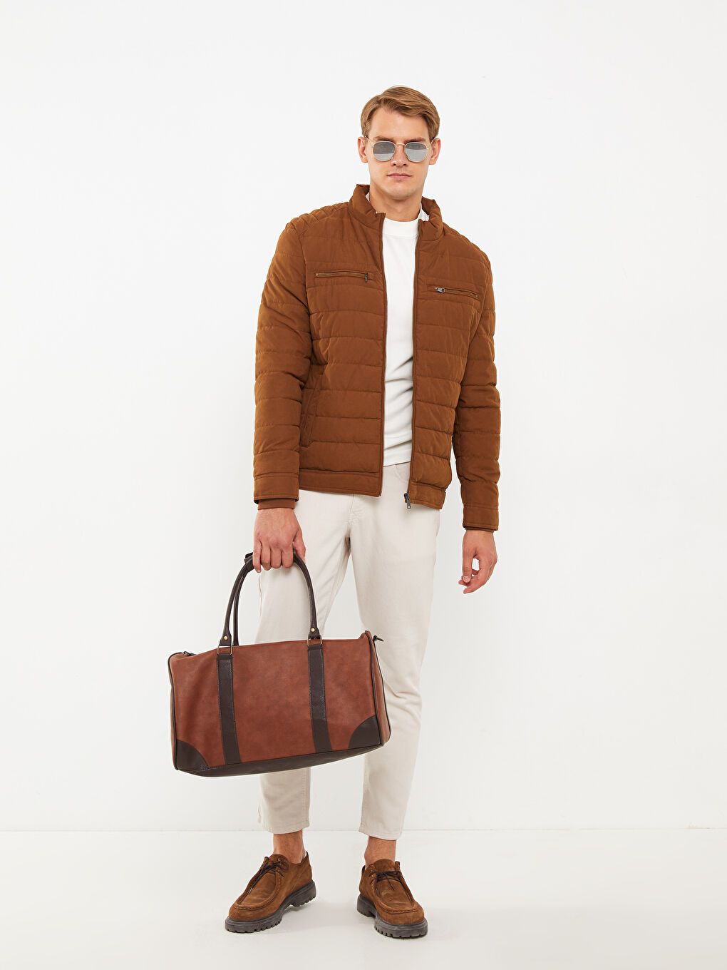 Regular Fit Funnel Neck Suede Men's Puffer Coat