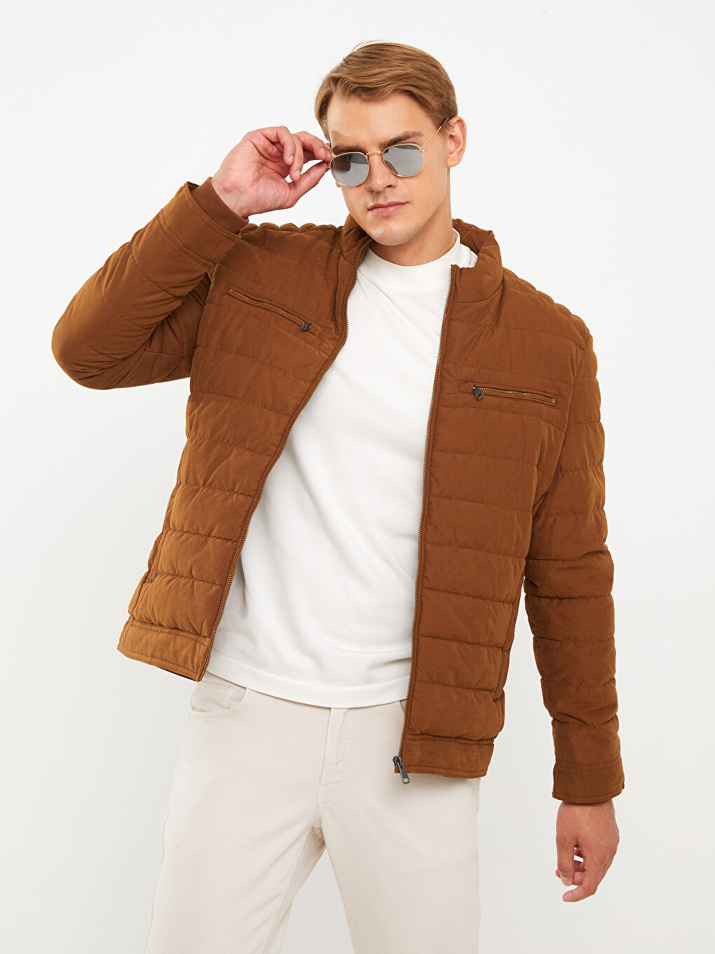 Regular Fit Funnel Neck Suede Men's Puffer Coat-1