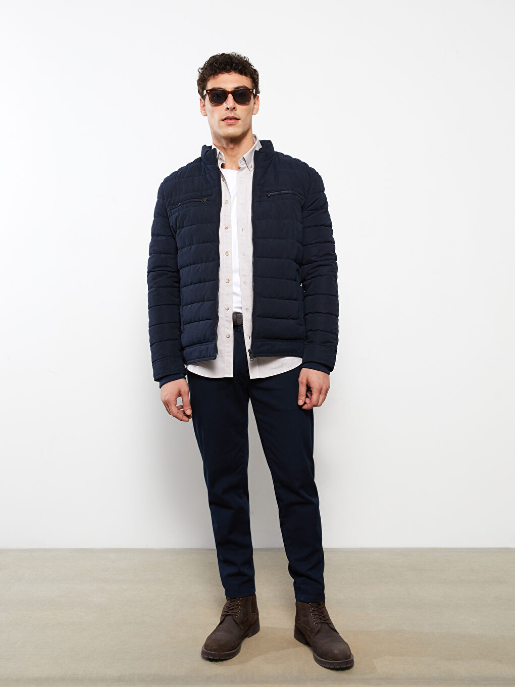 Lacivert Standart Kalıp Dik Yaka Süet Erkek Şişme Mont