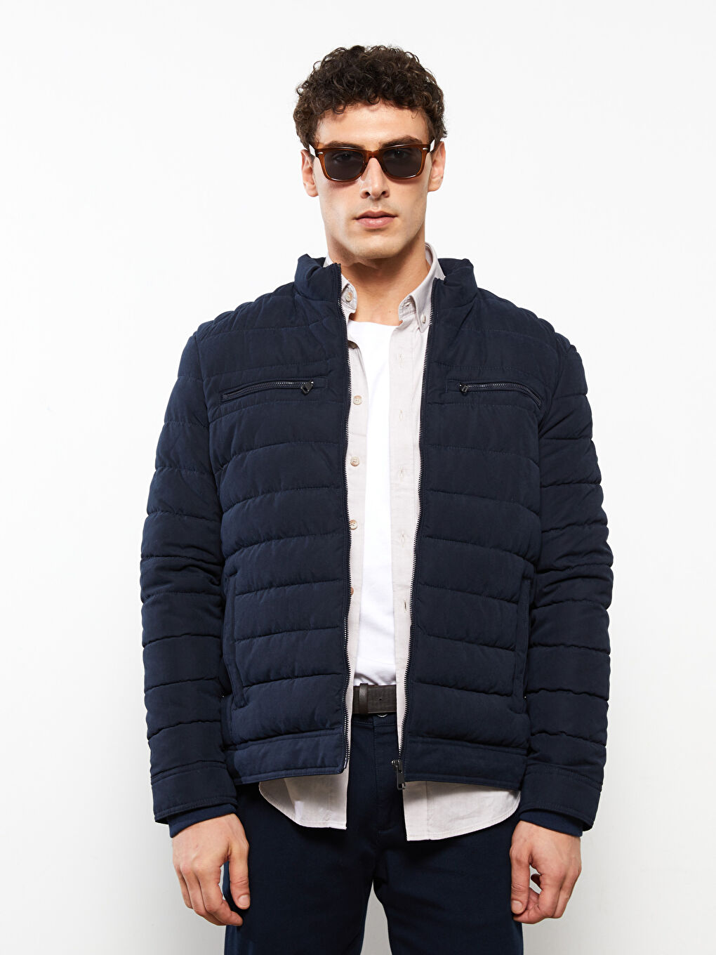 Lacivert Standart Kalıp Dik Yaka Süet Erkek Şişme Mont-1