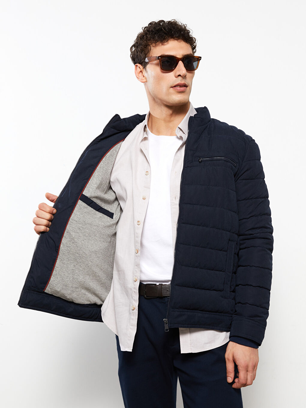 Lacivert Standart Kalıp Dik Yaka Süet Erkek Şişme Mont-2