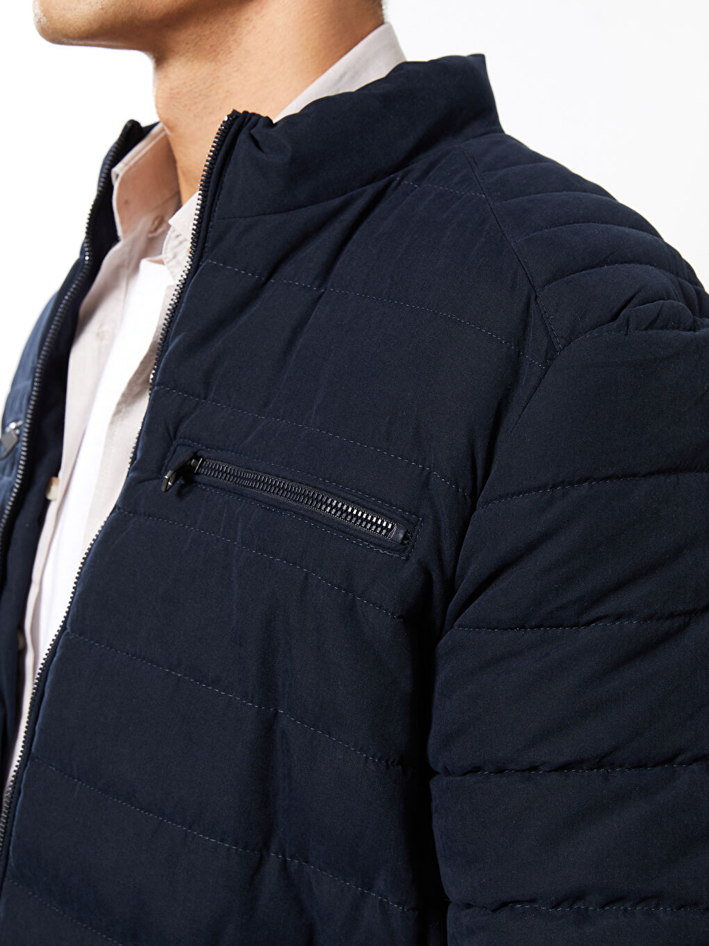 Lacivert Standart Kalıp Dik Yaka Süet Erkek Şişme Mont-3