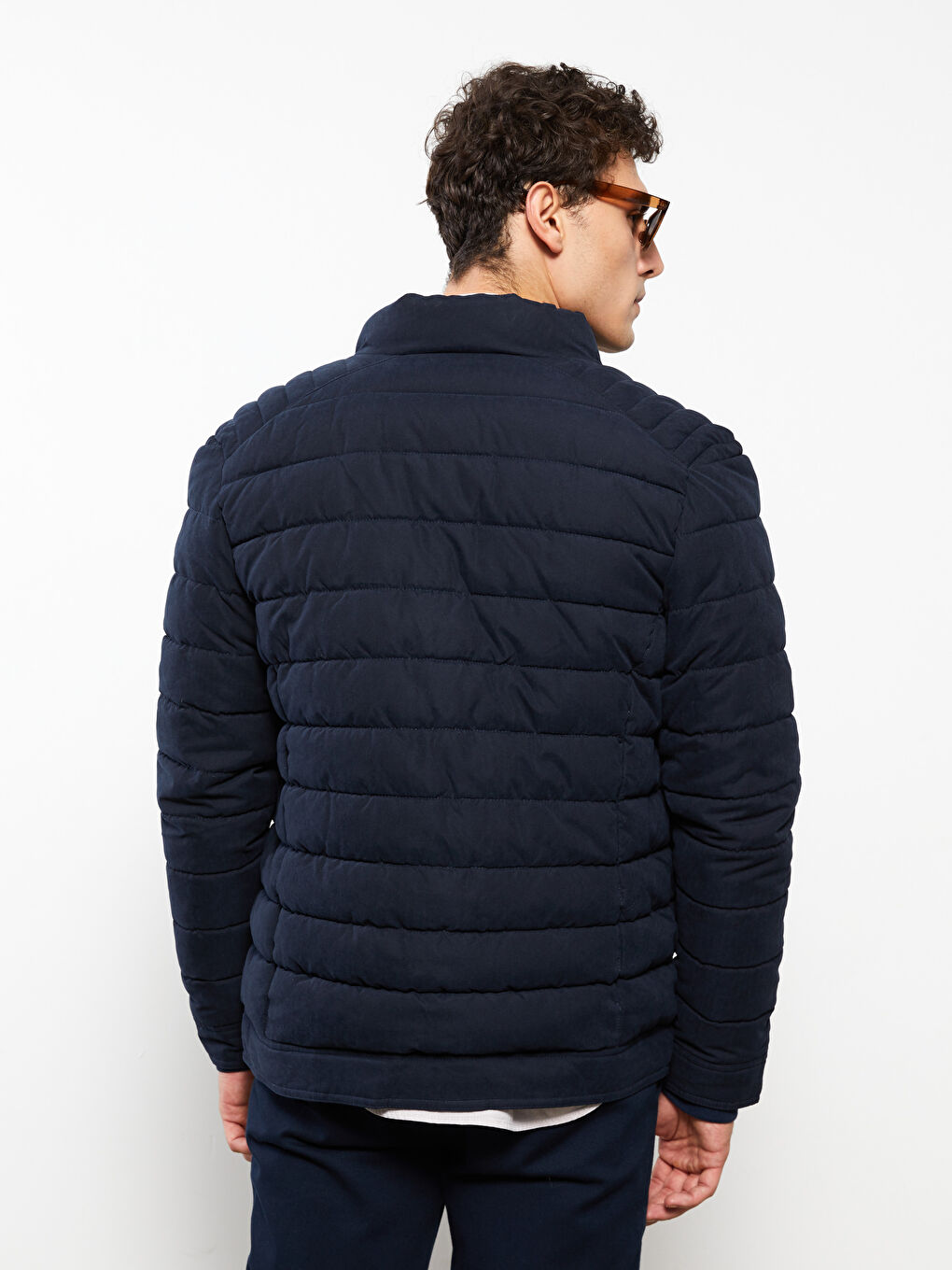 Lacivert Standart Kalıp Dik Yaka Süet Erkek Şişme Mont-4