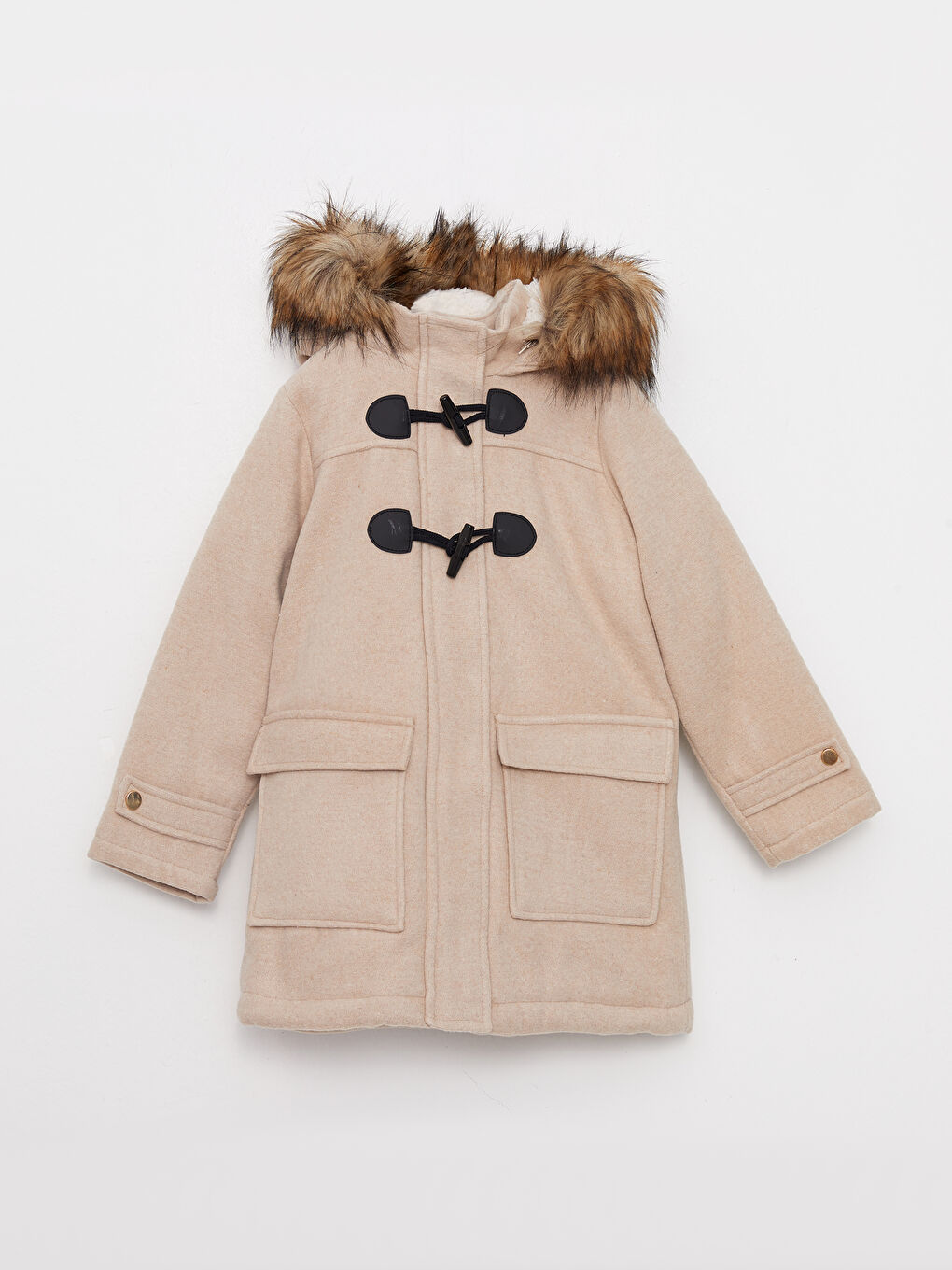 Bej Kapüşonlu Kız Çocuk Kaşe Kaban