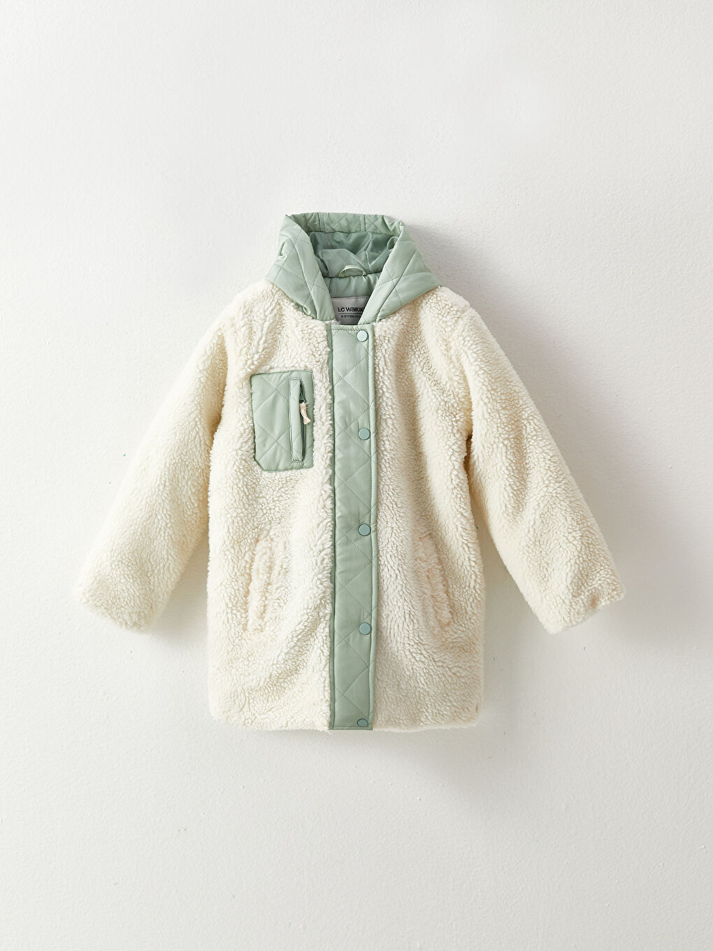 Ekru Kapüşonlu Pelüş Kız Çocuk Mont