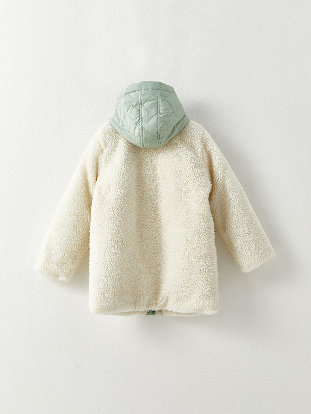 Ekru Kapüşonlu Pelüş Kız Çocuk Mont-1