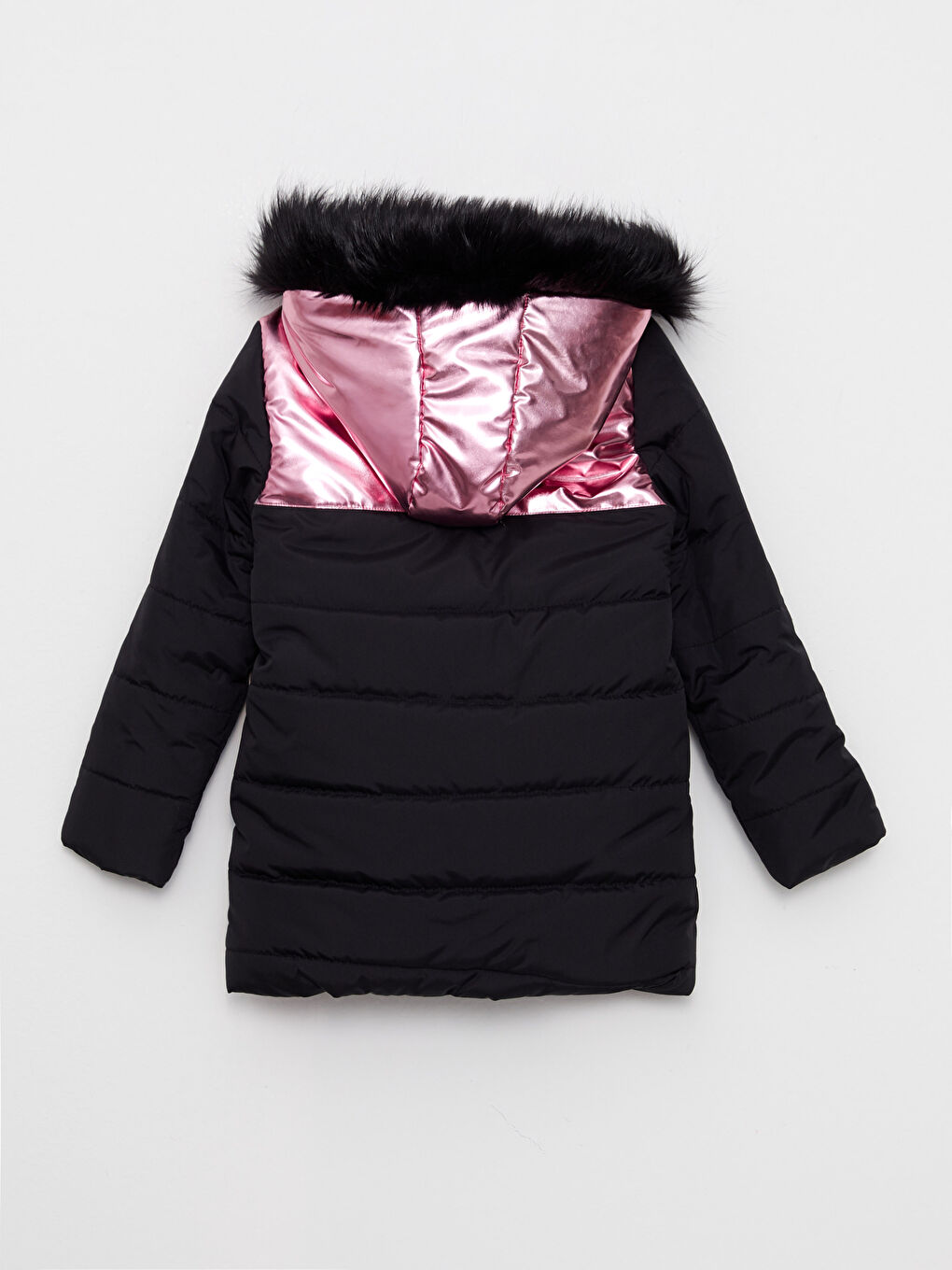 Siyah Kapüşonlu Baskılı Kız Çocuk Mont-1