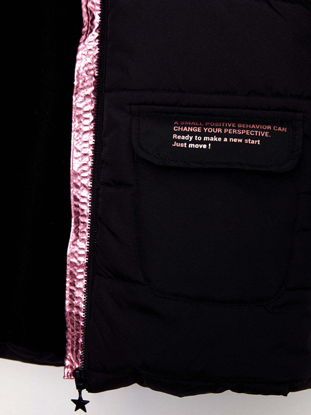 Siyah Kapüşonlu Baskılı Kız Çocuk Mont-2