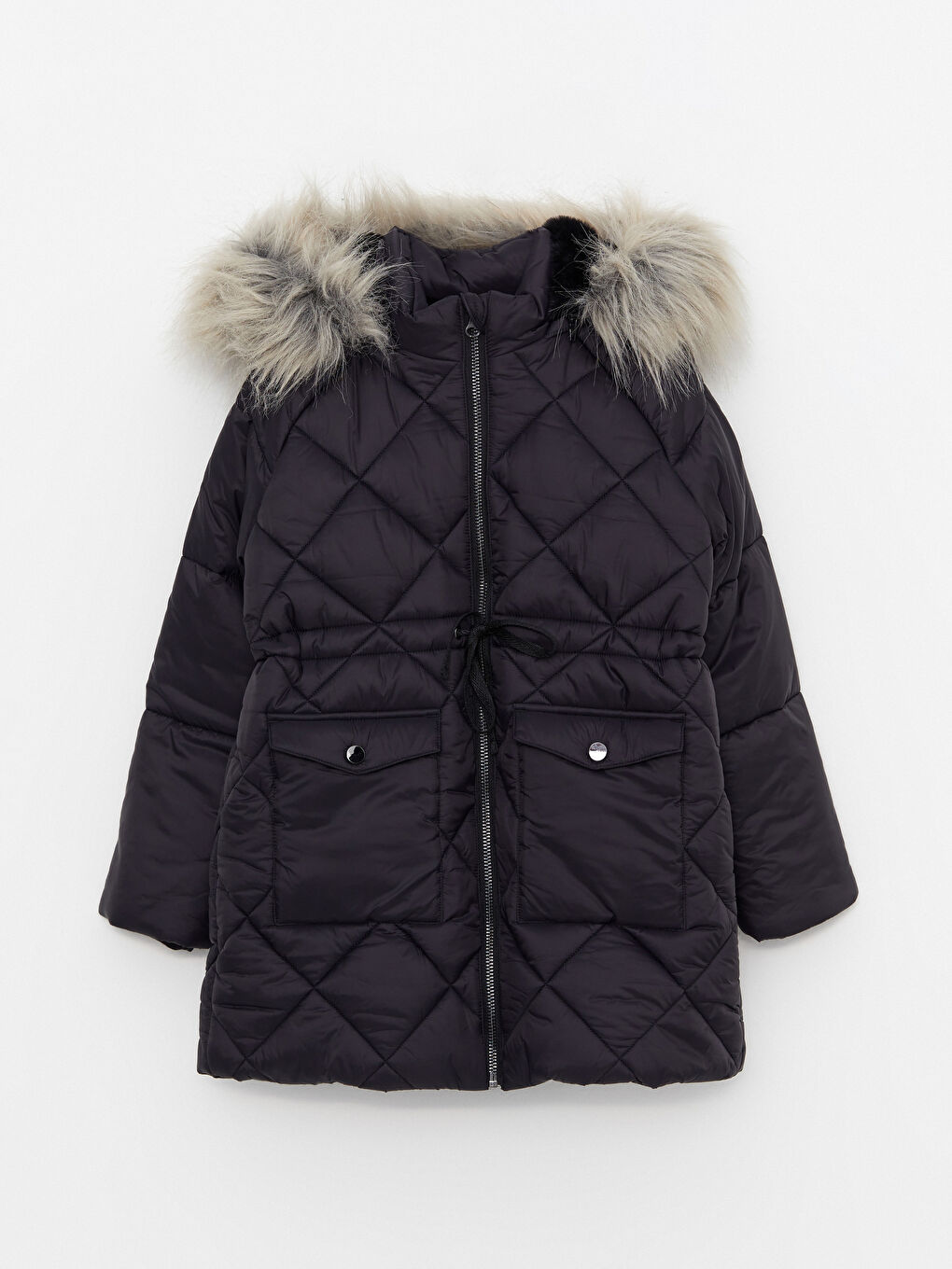 Siyah Kapüşonlu Kapitone Desenli Kız Çocuk Parka