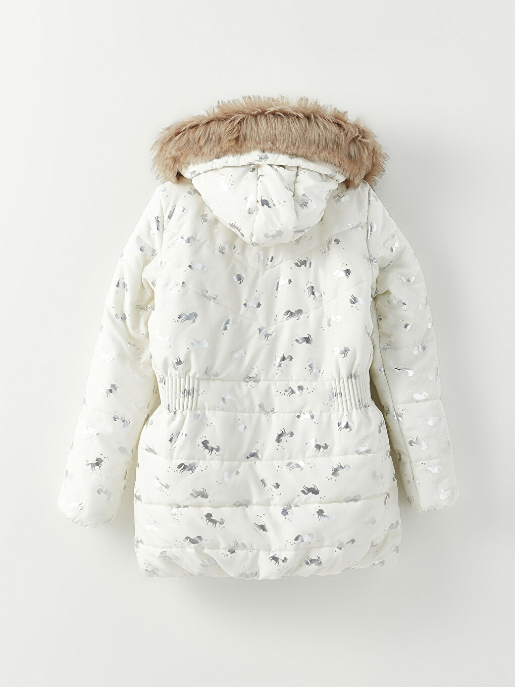 Ekru Kapüşonlu Baskılı Kız Çocuk Mont-2