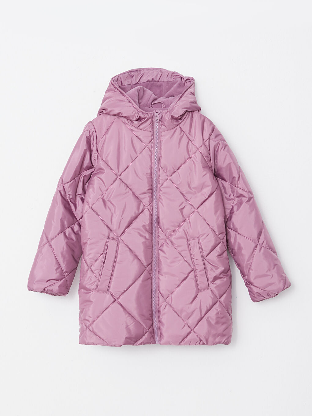 Mor Kapüşonlu Kapitone Desenli Kız Çocuk Mont