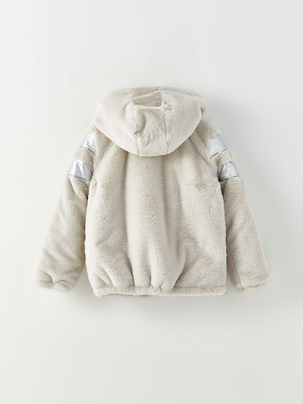 Bej Kapüşonlu Suni Kürk Detaylı Kız Çocuk Mont-2
