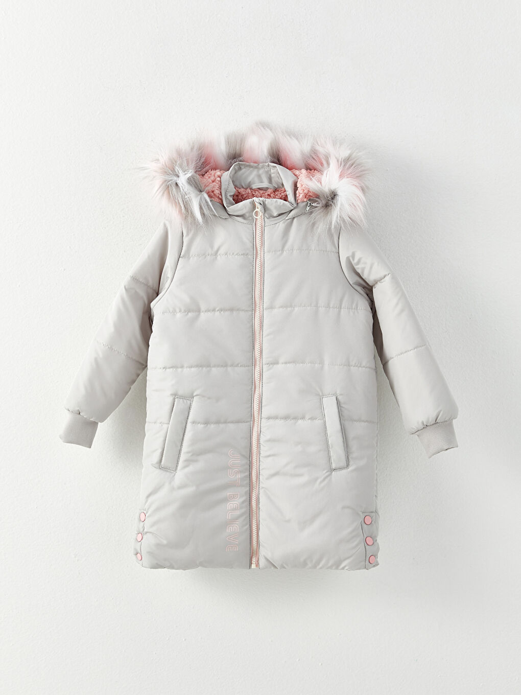 Gri Kapüşonlu Baskılı Kız Çocuk Mont