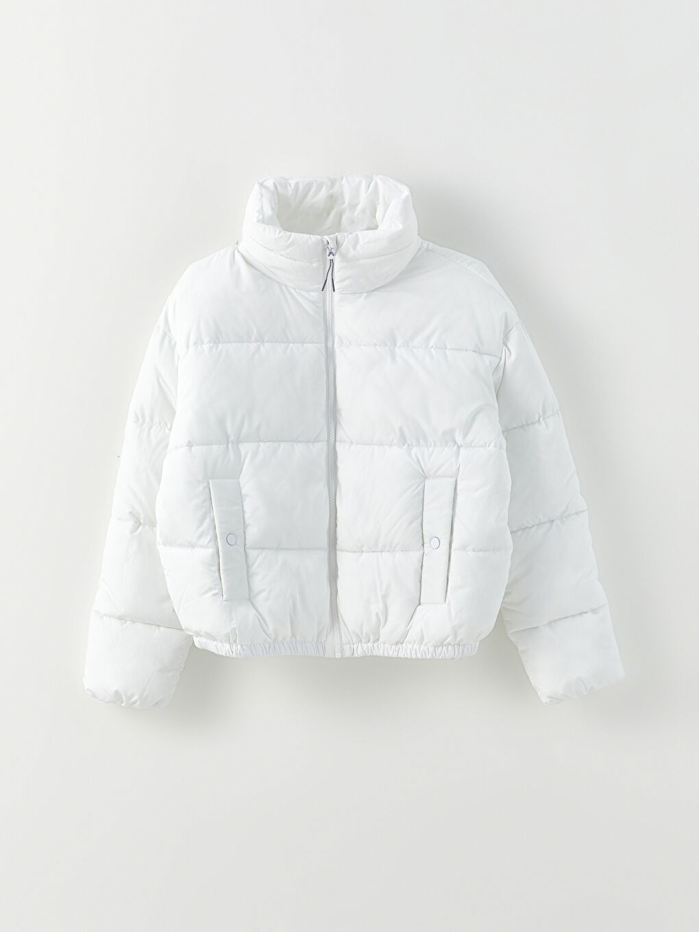 Beyaz Dik Yaka Düz Uzun Kollu Kadın Şişme Mont-6