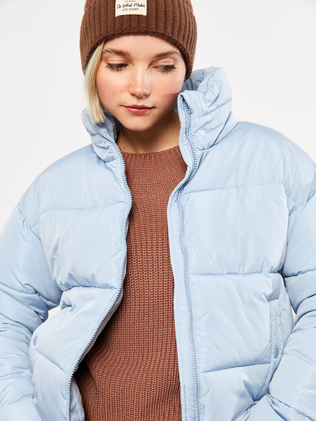 Mavi Dik Yaka Düz Uzun Kollu Kadın Şişme Mont