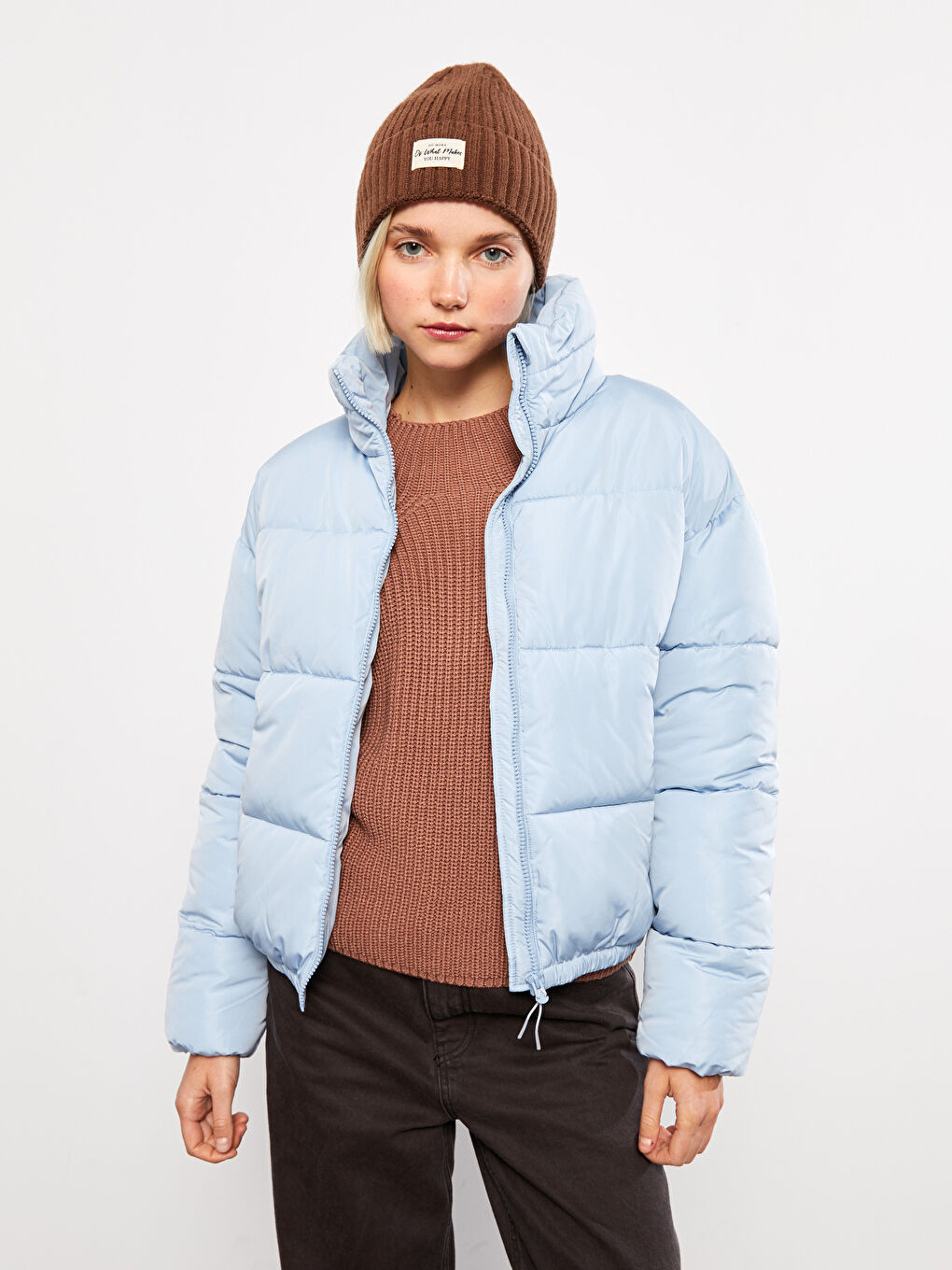 Mavi Dik Yaka Düz Uzun Kollu Kadın Şişme Mont-1