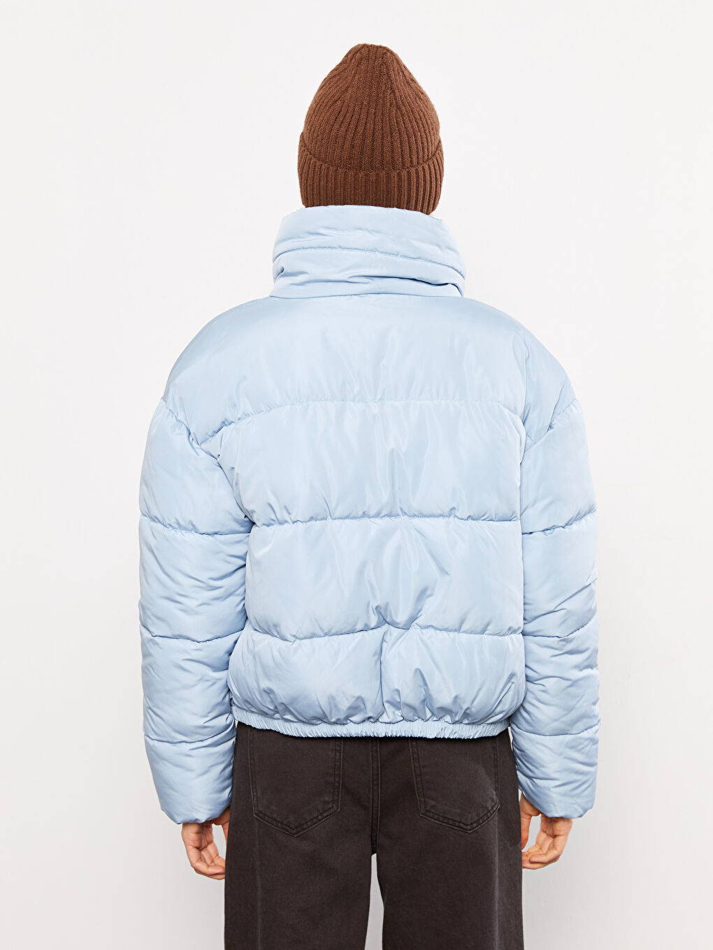 Mavi Dik Yaka Düz Uzun Kollu Kadın Şişme Mont-5