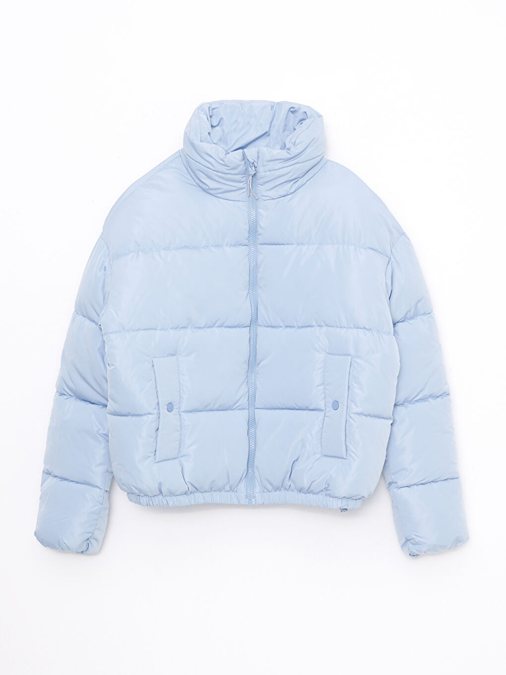 Mavi Dik Yaka Düz Uzun Kollu Kadın Şişme Mont-6