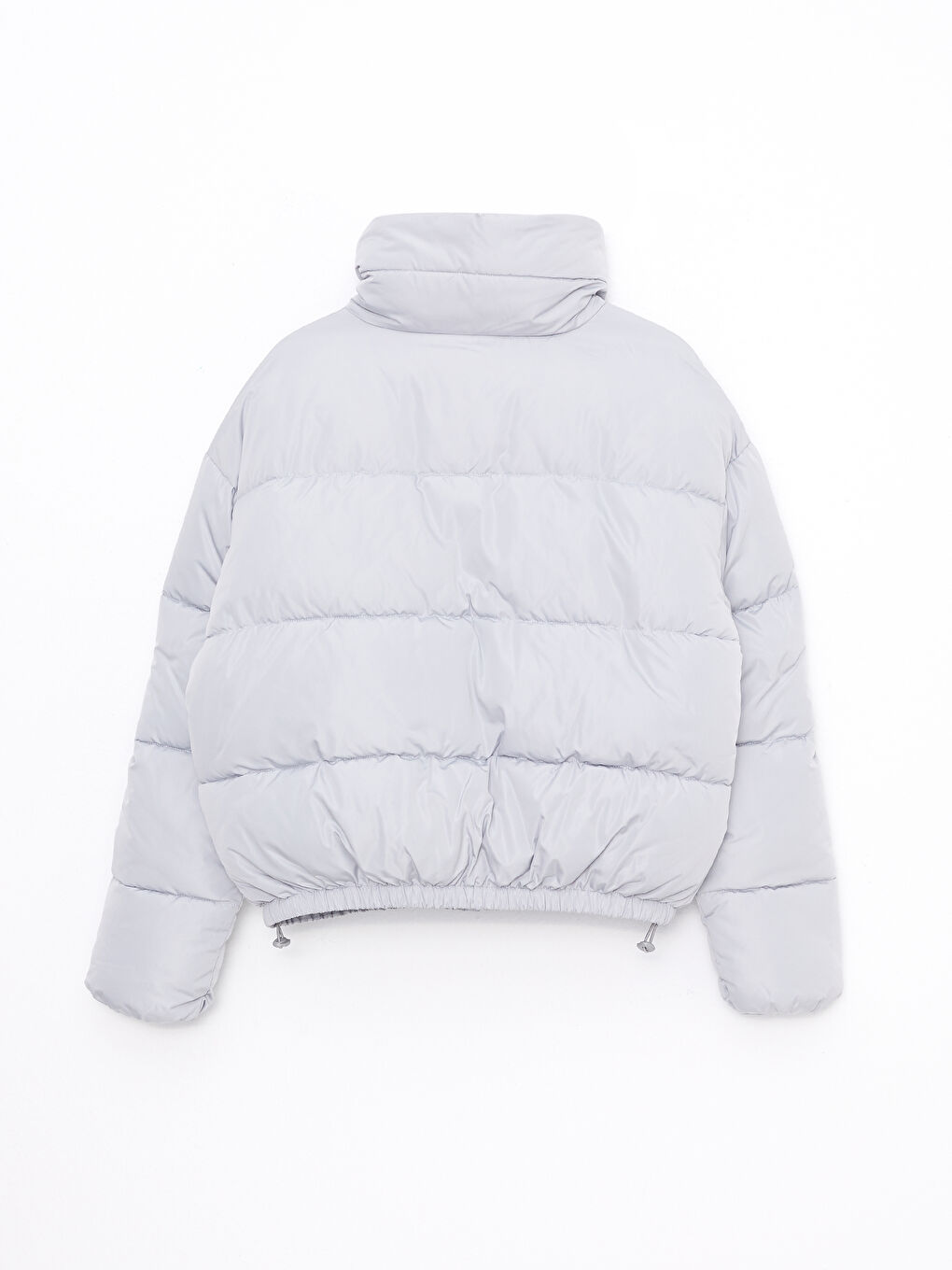 Gri Dik Yaka Düz Uzun Kollu Kadın Şişme Mont-5