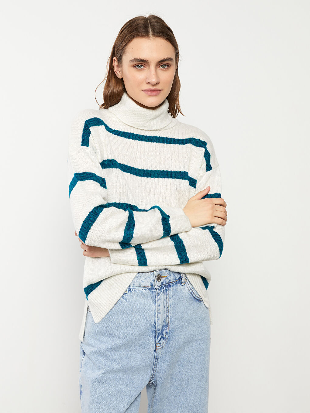 Petrol Balıkçı Yaka Çizgili Uzun Kollu Kadın Triko Kazak-1
