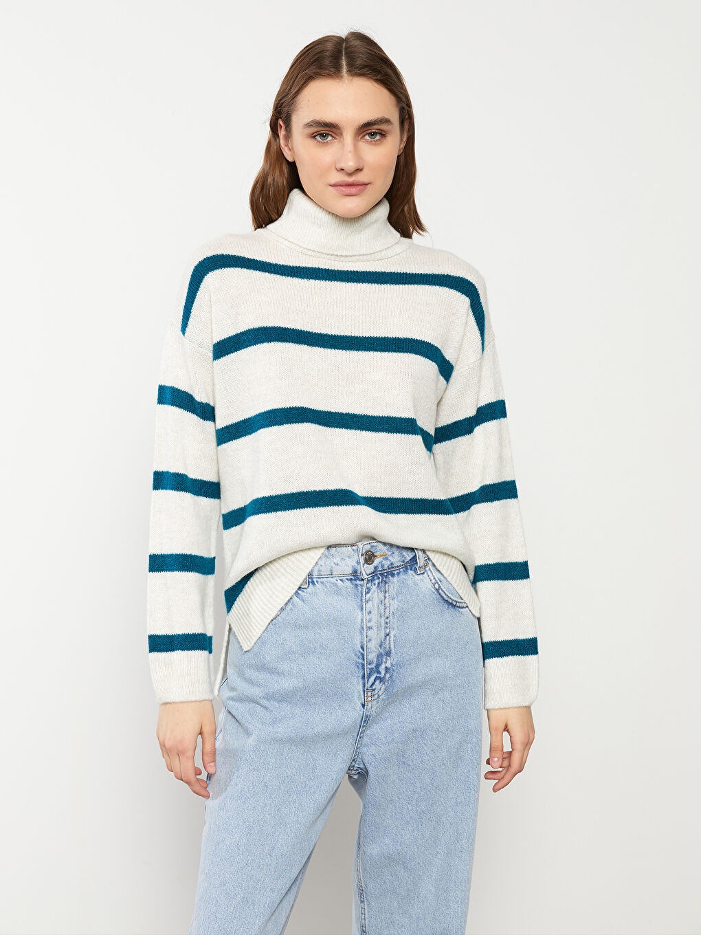 Petrol Balıkçı Yaka Çizgili Uzun Kollu Kadın Triko Kazak-2