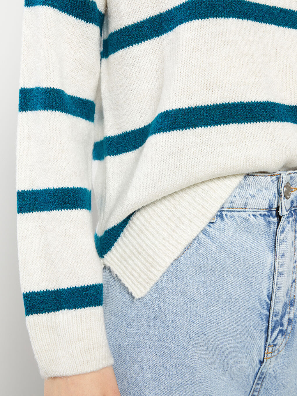 Petrol Balıkçı Yaka Çizgili Uzun Kollu Kadın Triko Kazak-3