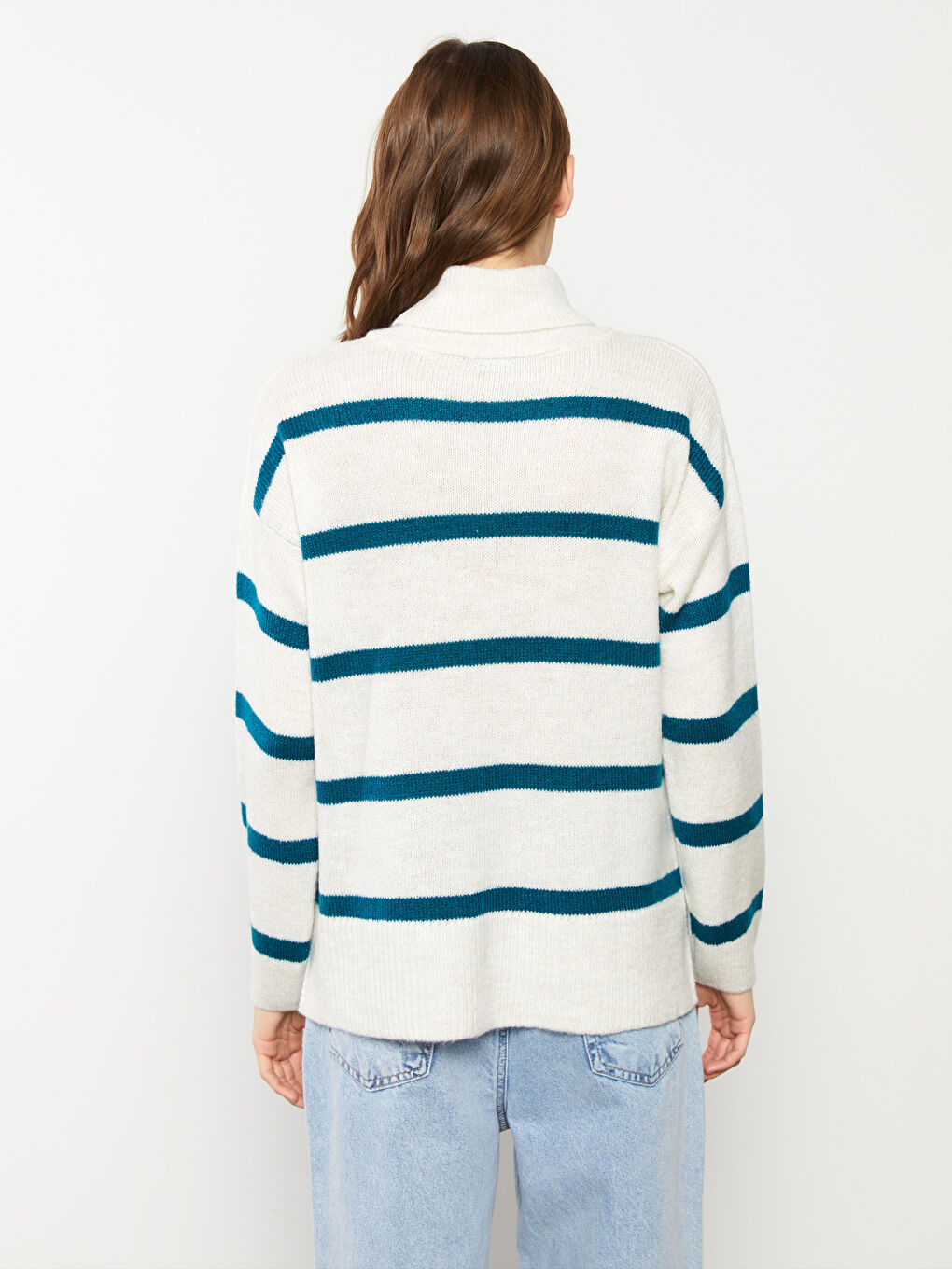 Petrol Balıkçı Yaka Çizgili Uzun Kollu Kadın Triko Kazak-4
