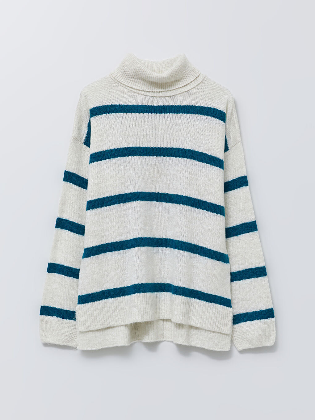 Petrol Balıkçı Yaka Çizgili Uzun Kollu Kadın Triko Kazak-5