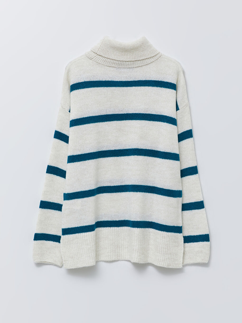 Petrol Balıkçı Yaka Çizgili Uzun Kollu Kadın Triko Kazak-6