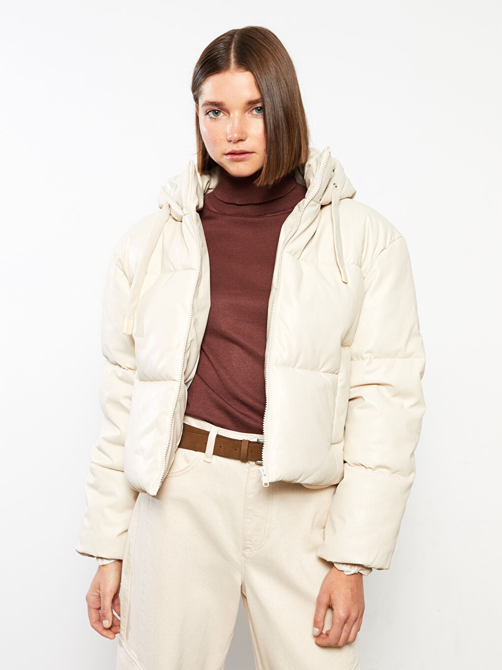 Women's Hooded Plain Puffer Coat-2