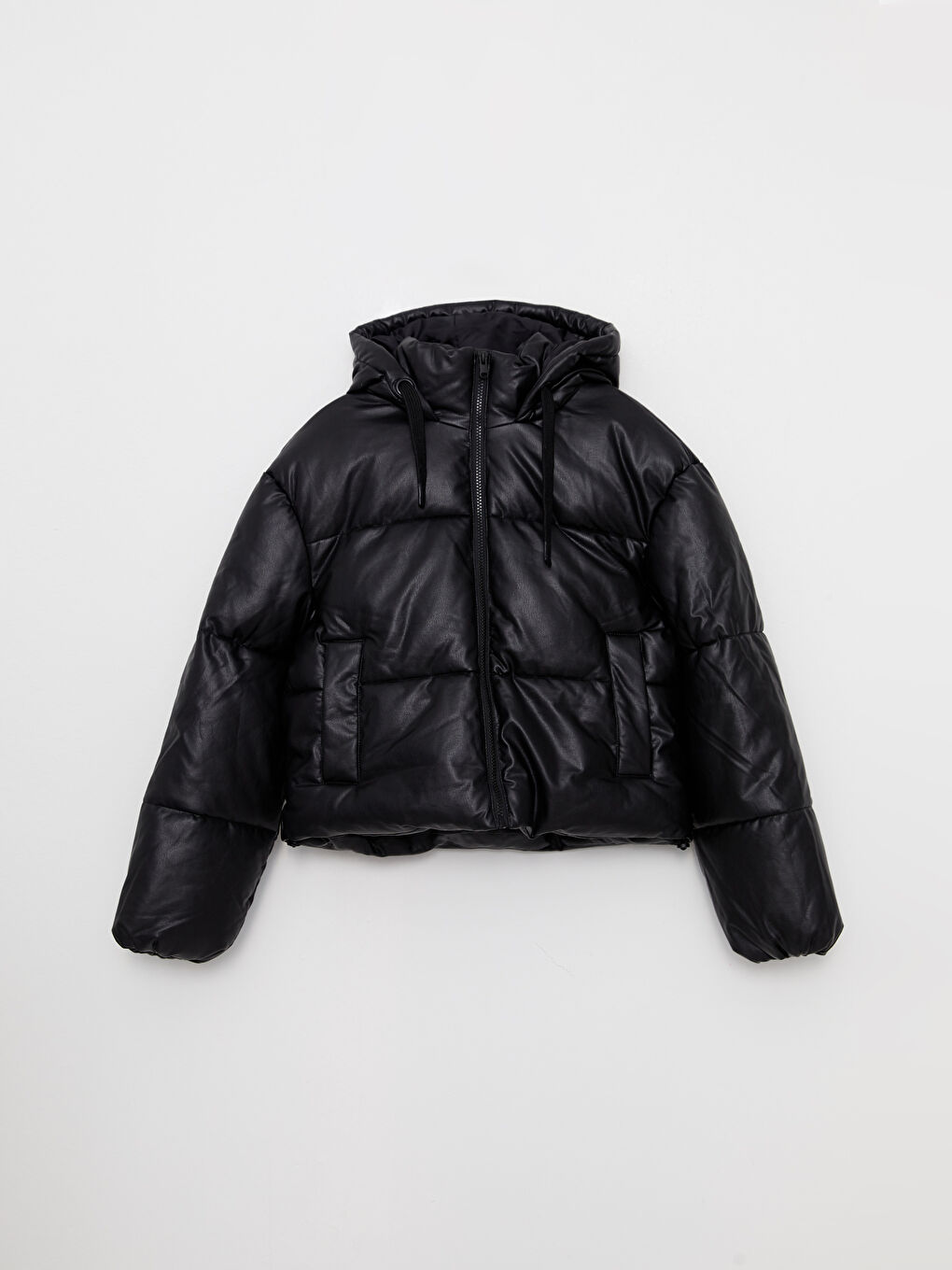 Siyah Kadın Kapüşonlu Düz Şişme Mont-6