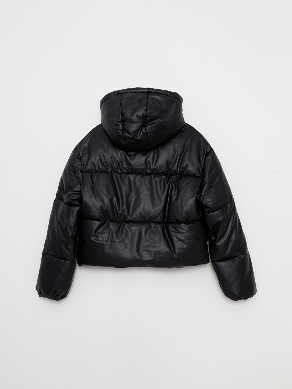 Siyah Kadın Kapüşonlu Düz Şişme Mont-7