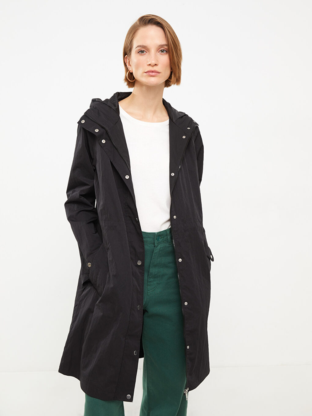 Женский однотонный дождевик с капюшоном-1