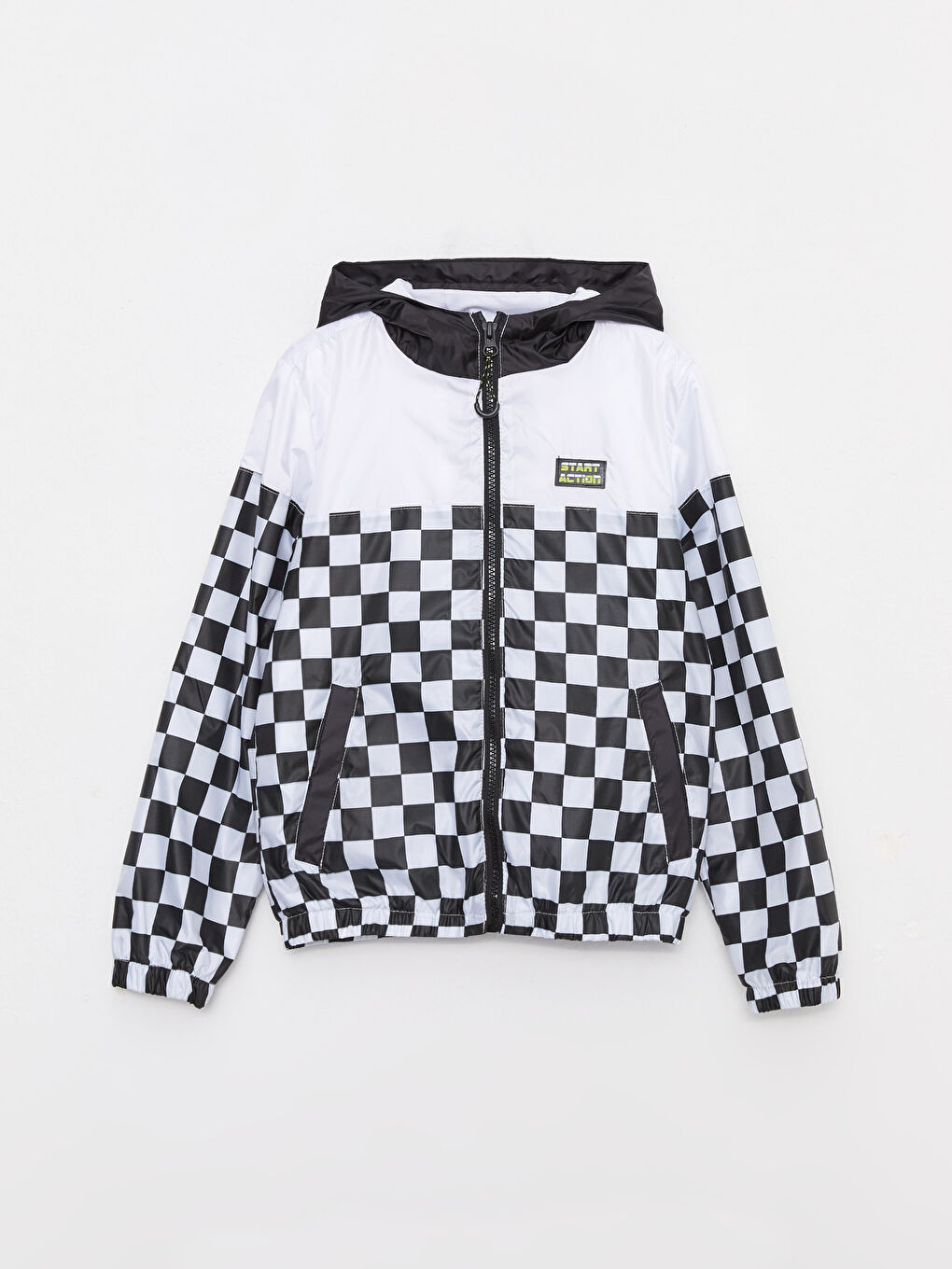 Beyaz Kapüşonlu Baskılı Erkek Çocuk Yağmurluk