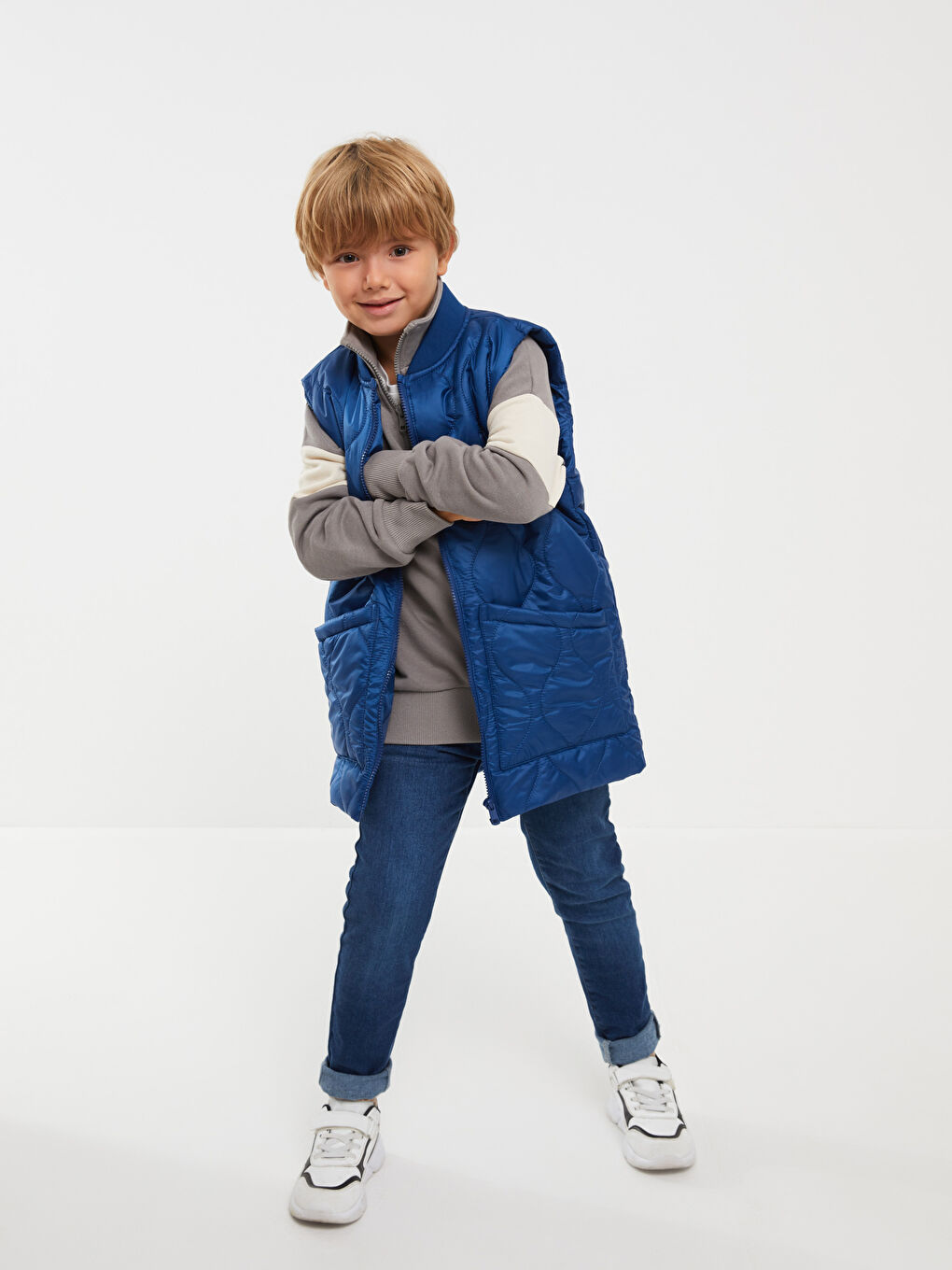 Lacivert Bisiklet Yaka Basic Erkek Çocuk Fermuarlı Yelek