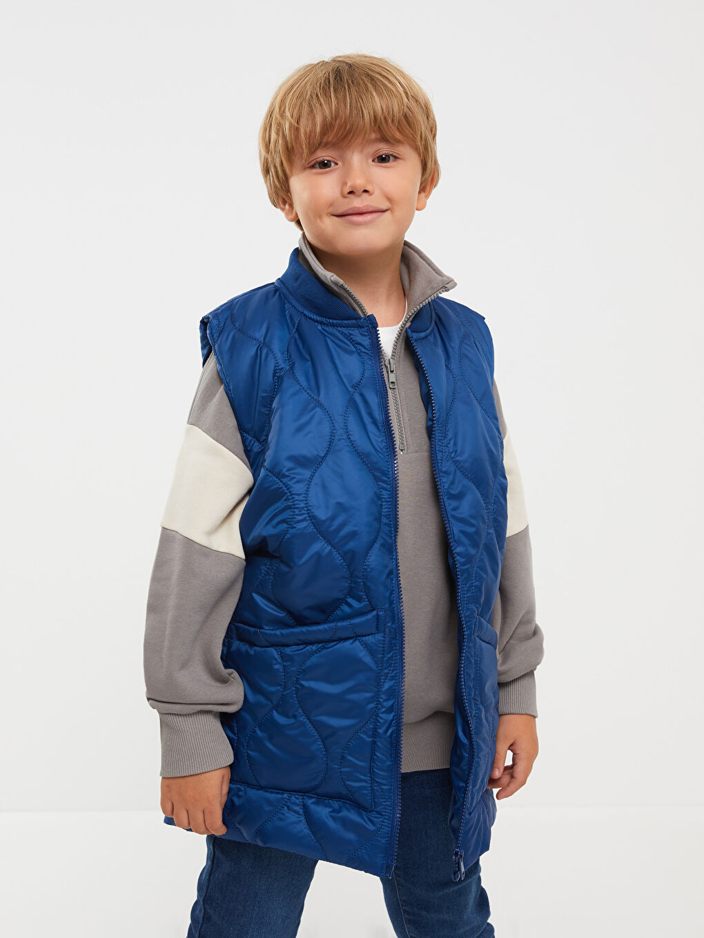 Lacivert Bisiklet Yaka Basic Erkek Çocuk Fermuarlı Yelek-1