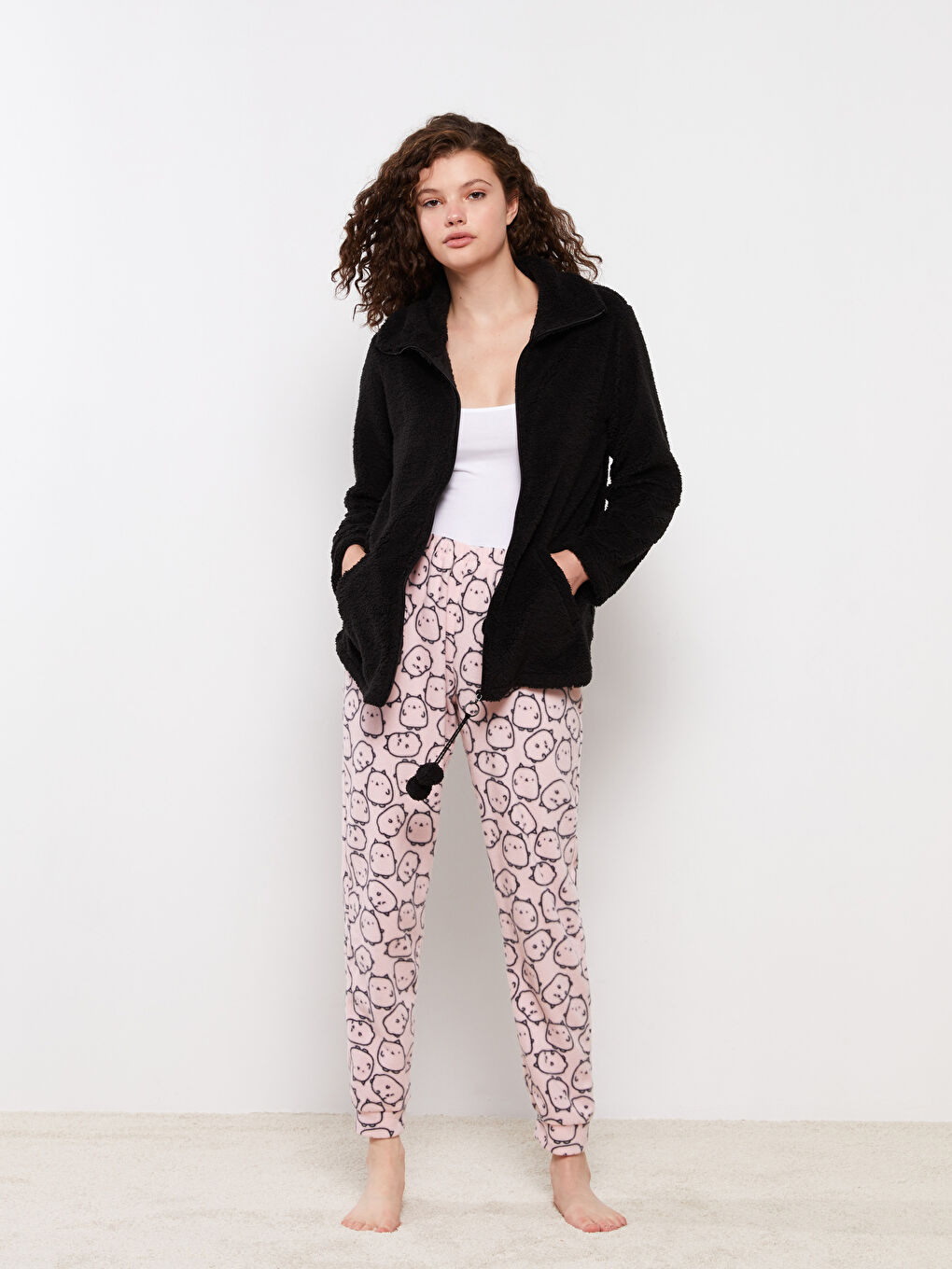 Pembe Beli Lastikli Desenli Kadın Pijama Alt