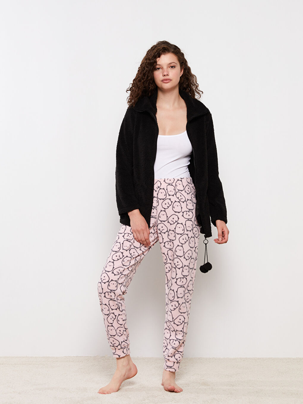 Pembe Beli Lastikli Desenli Kadın Pijama Alt-1