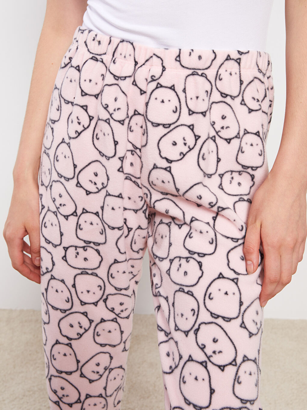 Pembe Beli Lastikli Desenli Kadın Pijama Alt-2