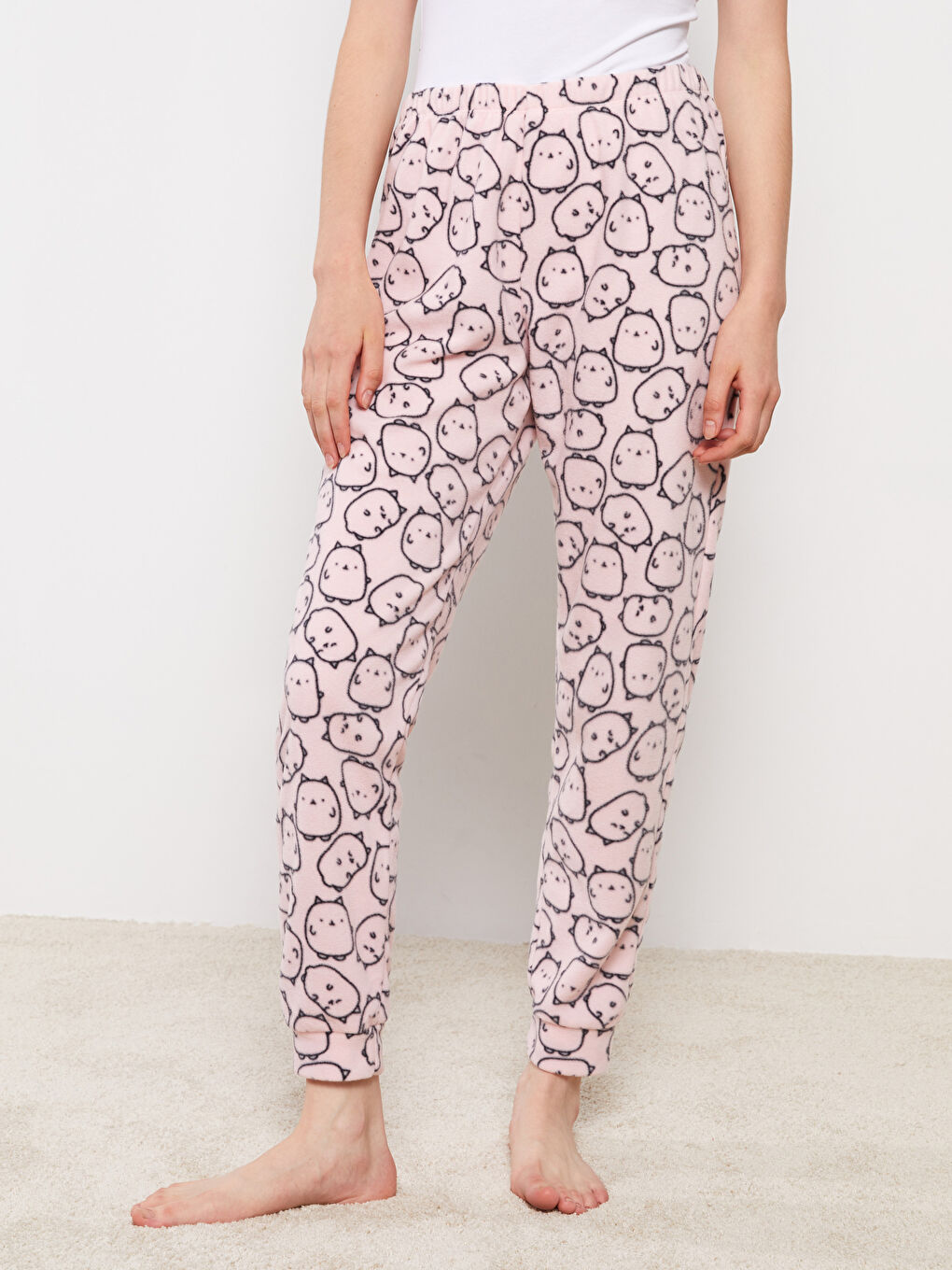 Pembe Beli Lastikli Desenli Kadın Pijama Alt-3