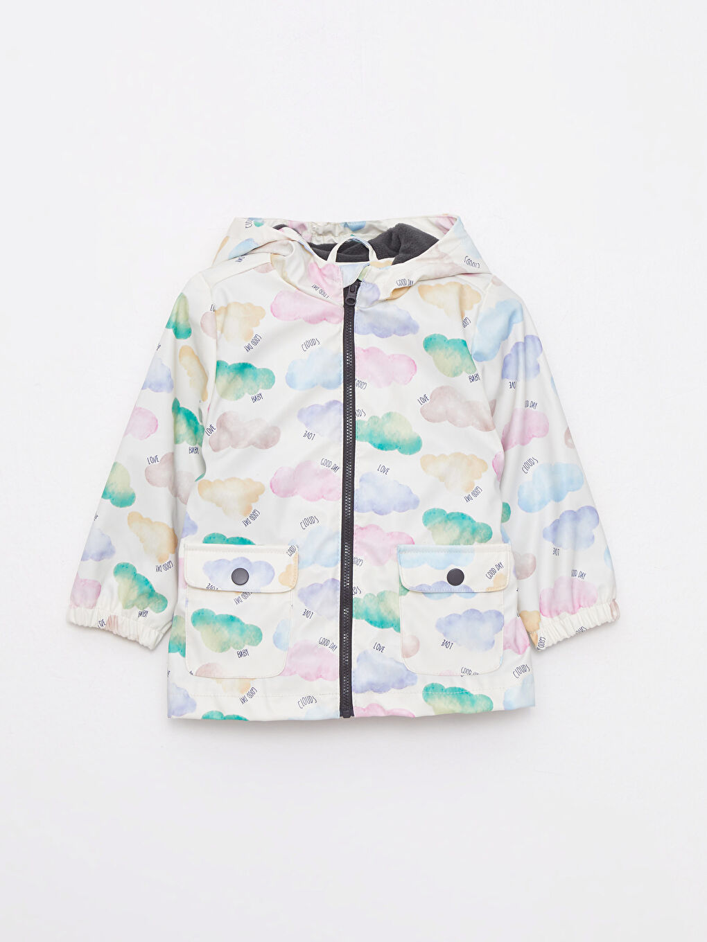 Ekru Kapüşonlu Uzun Kollu Baskılı Kız Bebek Yağmurluk