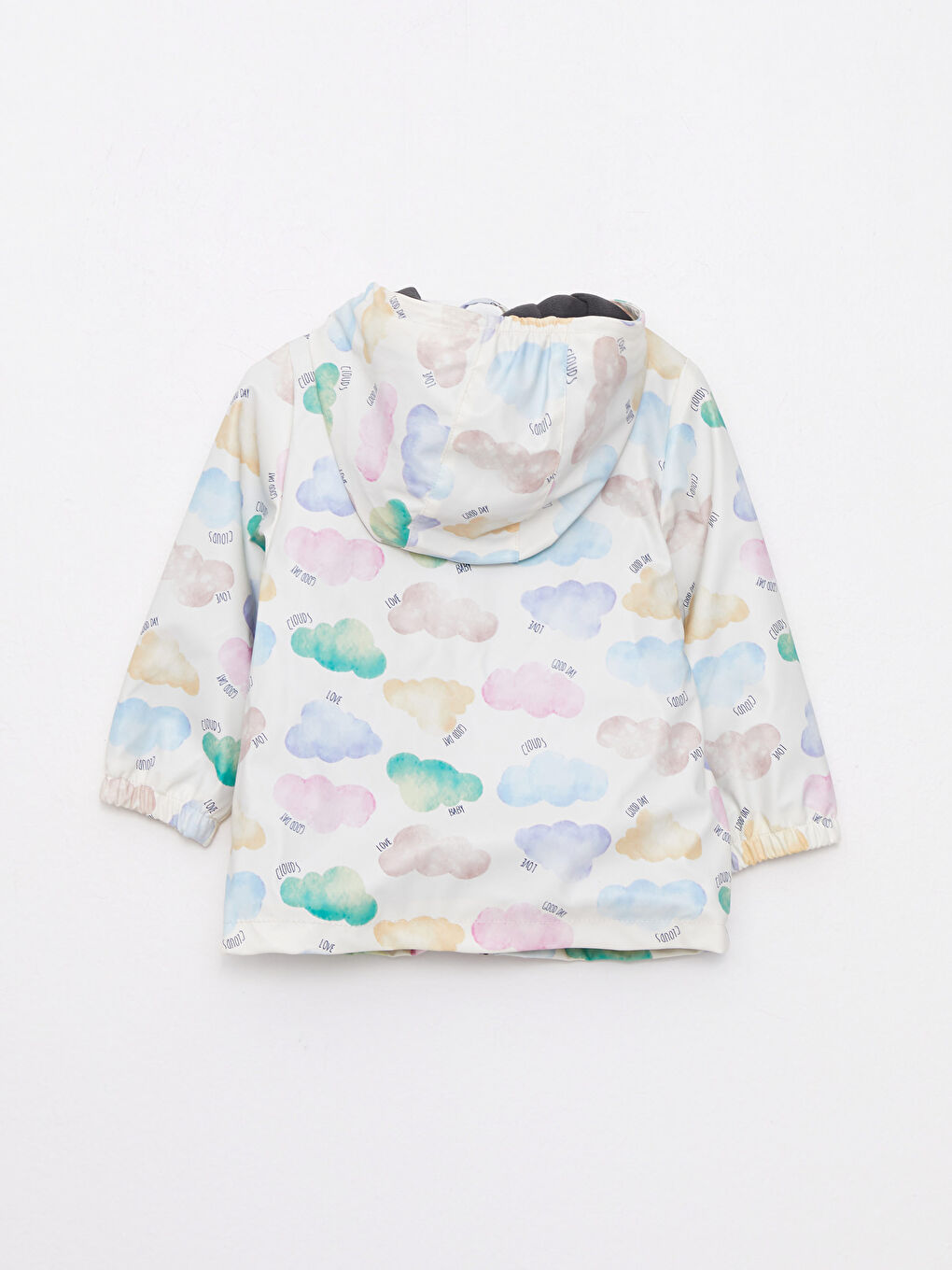 Ekru Kapüşonlu Uzun Kollu Baskılı Kız Bebek Yağmurluk-2