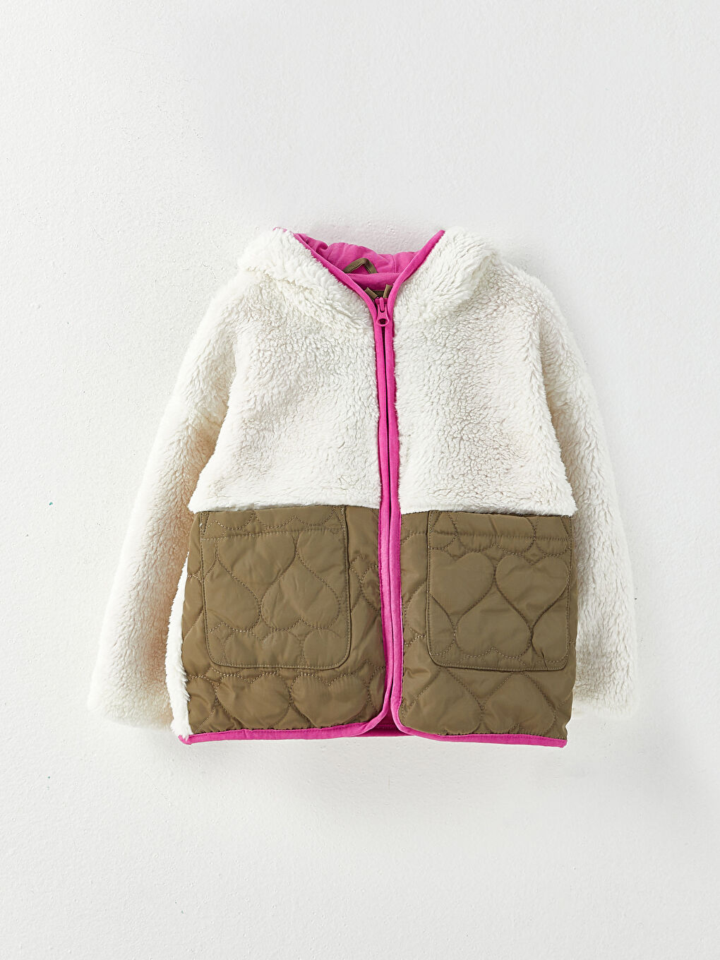 Ekru Kapüşonlu Uzun Kollu Renk Bloklu Pelüş Kız Bebek Mont-2