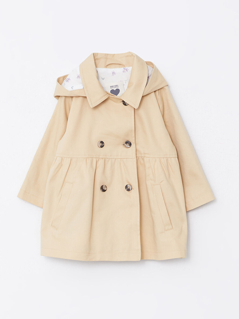 Bej Kapüşonlu Uzun Kollu Basic Kız Bebek Trençkot-1